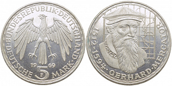 ФРГ 5 марок 1969 F, 375 лет со дня смерти Герарда Меркатора J. 400, KM 126.1 серебро 109-635