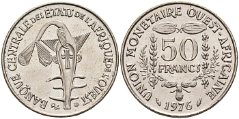 Валютное сообщество стран Западной Африки 50 франков 1976  KM 6 медно-никель  UNC 4595-726