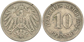 Германия 10 пфеннигов 1907 A KM 12, J. 13 медно-никель 31-125