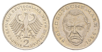 Германия 2 марки 1991 F, Людвиг Эрхард, 40 лет Федеративной Республике (1948-1988) KM 170, J. 445 медь плакированная медно-никелем 4641-843