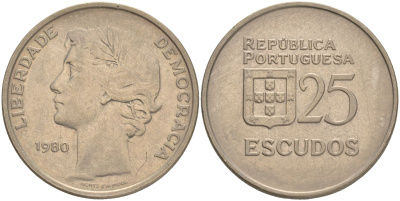 Португалия 25 эскудо 1980 первый год KM 607а медно-никель 4557-1112