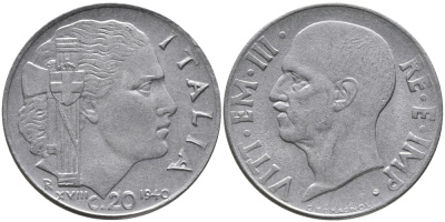 ИТАЛИЯ 20 ЧЕНТЕЗИМО 1940 R, ВИКТОР ИМАНУИЛ, XXII ГОД, МАГНИТНАЯ KM 75b нержавеющая сталь 85-324