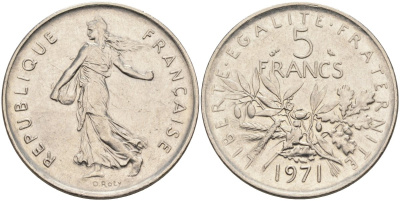 Франция 5 франков 1971 сеятель KM 926a.1, Le Franc 341.3 медно-никель плакированный никелем 4587-1226