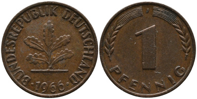 ФРГ 1 пфенниг 1966 J KM 105, J.380 сталь плакированная медью 99-255