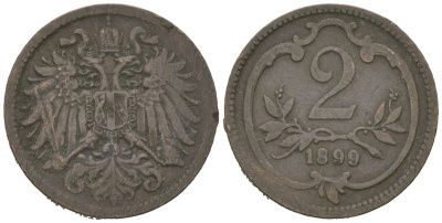 Австрия 2 геллера 1899 Франц Иосиф I (1848-1916) KM 2801 бронза 4615-559