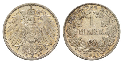 Германия 1 марка 1915 D, Вильгельм II (1888-1918) KM 14, J. 17 серебро aUNC 4626-253