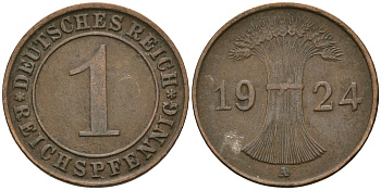 Германия 1 рейхспфенниг 1924 A KM 37, J. 313 бронза 4189-1059