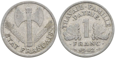 ФРАНЦИЯ 1 ФРАНК 1942 LB, ТИП LOURDЕ, ПРАВИТЕЛЬСТВО ВИШИ KM 902.1, LE FRANC 222.2 алюминий 4544-347