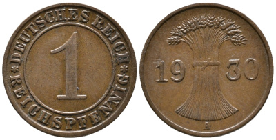 ГЕРМАНИЯ 1 РЕЙХСПФЕННИГ 1930 A KM 37, J. 313 бронза 39-1042
