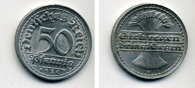 ГЕРМАНИЯ 50 ПФЕННИГОВ 1920 D KM 27, J. 301 алюминий 57-351