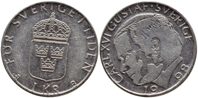 Швеция 1 крона 1998 Карл XVI Густав (1973- ) KM 852a медно-никель 4622-347