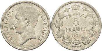 БЕЛЬГИЯ 5 ФРАНКОВ 1930 АЛЬБЕРТ I, DES BELGES KM 97.1 никель 3851-125