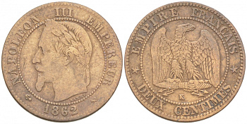 ФРАНЦИЯ 2 САНТИМА 1862 К, НАПОЛЕОН III (1852-1870) KM 796.6 бронза 3955-164