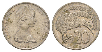 Новая Зеландия 20 центов 1976 Елизавета II (1952-2022), птичка киви KM 36 медно-никель 4650-755