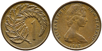 Новая Зеландия 1 цент 1967 Елизавета II (1952-2022), лист папоротника KM 31.1 бронза 4392-144