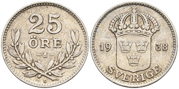 Швеция 25 эре 1938 G, Густав V (1907-1950) KM 785 серебро 4147-945