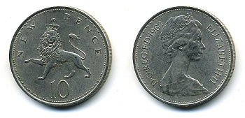 Великобритания 10 пенсов 1968 Елизавета II (1952-2022) KM 912, Spink 4231 (F1) медно-никель 4110-1113
