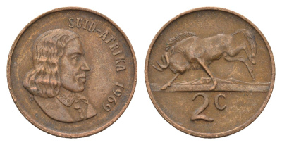 ЮАР 2 цента 1969 Ян ван Рибек (1619-1677), Suid Africa, легенда на африкаанс, антилопа гну KM 66.2 бронза 4122-215