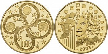Франция 20 евро 2003 Европейский валютный союз, тираж 2322 экз золото PROOF 10-017-22