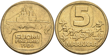ФИНЛЯНДИЯ 5 МАРОК 1986 N, ЛЕДОКОЛ "URHO" KM 57 алюминиевая бронза 217-842
