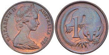 АВСТРАЛИЯ 1 ЦЕНТ 1981 ЕЛИЗАВЕТА II (1952-) МОЛОДОЙ ПОРТРЕТ, ОПОССУМ KM 62 бронза 4516-639