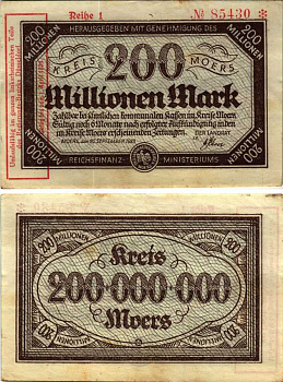 МЁРС 200000000 МАРОК 1923 НОТГЕЛЬД, 20 СЕНТЯБРЯ 1923 - 1 АПРЕЛЯ 1924, ЗЕМЛЯ СЕВЕРНЫЙ РЕЙН-ВЕСТФАЛИЯ, КРАСНАЯ НАДПЕЧАТКА 1 АПРЕЛЯ 1924, REIHE 1 Keller 3593q бумага 6300-34-1-2