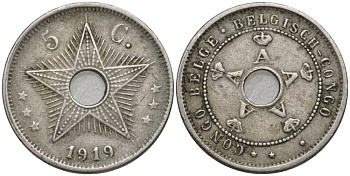 Бельгийское Конго 5 сантимов 1919 звезда KM 17 медно-никель 4549-1131
