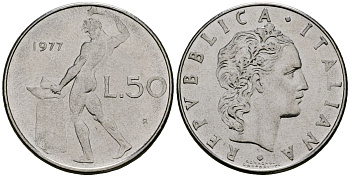 Италия 50 лир 1977 R, бог огня Вулкан у наковальни KM 95.1 нержавеющая сталь 4138-617