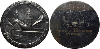 Германия медаль ND УРДЕНБАХ, КРАСИВЕЙШИЙ РАЙОН ДЮССЕЛЬДОРФА НА СТАРОМ РЕЙНЕ, АССОЦИАЦИЯ ПОЧТЕННЫХ ГРАЖДАН "URDENBACH e. V.", диаметр 76,5 мм. белый металл 01-169-13-3