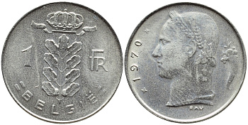 БЕЛЬГИЯ 1 ФРАНК 1970 BELGIE KM 143.1 медно-никель 4385-512