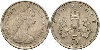 Великобритания 5 пенсов 1971 Елизавета II (1952-2022) KM 911, Spink 4233 (D1) медно-никель 4150-726