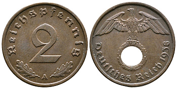 Германия 2 рейхспфеннига 1938 A KM 90, J. 362 бронза 176-927