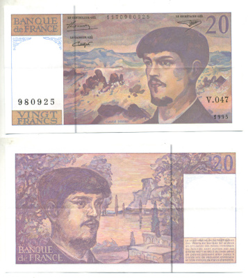 ФРАНЦИЯ 20 ФРАНКОВ 1995 КЛОД ДЕБЮССИ Pick 151h бумага 3295-22-3