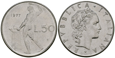 Италия 50 лир 1977 R, бог огня Вулкан у наковальни KM 95.1 нержавеющая сталь 4138-617
