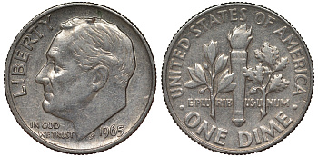 США 10 центов = дайм 1965 Рузвельт KM 195а медь плакированная медно-никелем 4124-433