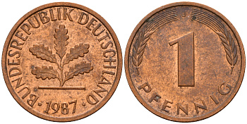 ФРГ 1 пфенниг 1987 J KM 105, J. 380 сталь плакированная медью    4598-644