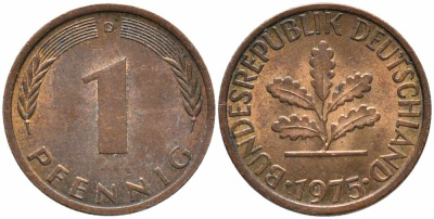 ФРГ 1 ПФЕННИГ 1975 D KM 105, J. 380 сталь плакированная медью 112-134