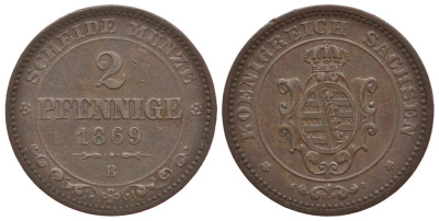 Саксония 2 пфеннига 1869 В, Иоганн (1854-1873) KM 1217, Jaeger 121, AKS 155 медь 413-5641