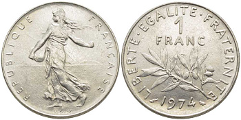 ФРАНЦИЯ 1 ФРАНК 1974 СЕЯТЕЛЬ KM 925.1, LE FRANC 226.19 никель 175-531