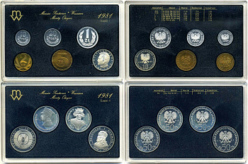 Польша лот из двух наборов 1981 в пластике, набор курсовых монет и набор из 4 юбилейных 50 злотовиков, тираж 5000 экз. KM PS 3 PROOF 5-4-4-10