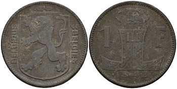 Бельгия 1 франк 1943 Belgique - Belgie, Леопольд III (1934-1947), германская оккупация, Вторая мировая война KM 127 цинк 4161-511