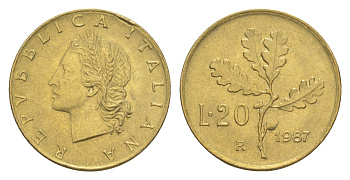 Италия 20 лир 1987 R, дубовая ветвь KM 97.2 алюминиевая бронза UNC 4549-135