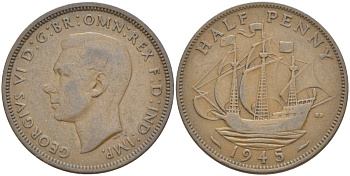 Великобритания 1/2 пенни 1945 Георг VI (1936-1952) KM 844, Spink 4115 бронза 60-742