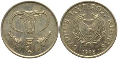 КИПР 5 ЦЕНТОВ 1988 ГОЛОВА БЫКА KM 55.2 никель латунь 181-514