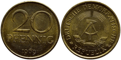 ГДР 20 пфеннигов 1969 А, первый год KM 11 латунь UNC 4395-651