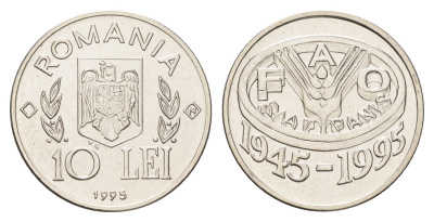 Румыния 10 леев 1995 N, 50 лет продовольственной программе - ФАО KM 117 сталь плакировнная никелем BU 11-264-17