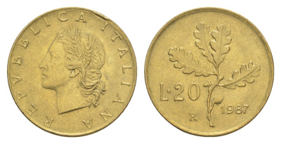 Италия 20 лир 1987 R, дубовая ветвь KM 97.2 алюминиевая бронза UNC 4549-135