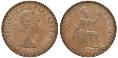 Великобритания 1 пенни 1963 Елизавета II (1952-2022) KM 897, Spink 4157 бронза 4123-946