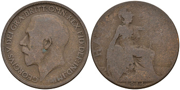 Великобритания 1/2 пенни 1914 Георг V (1910-1936) KM 809, Spink 4056 бронза 4146-132