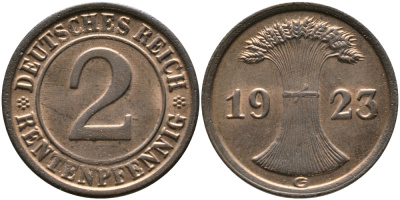 ГЕРМАНИЯ 2 РЕНТПФЕННИГА 1923 G J 307, KM 31 бронза UNC 413-3714